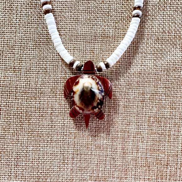 Hawaii Koa Wood Honu Sea Turtle Opihi Shell Necklace Choker Hiechi Beads - Picture 3 of 12